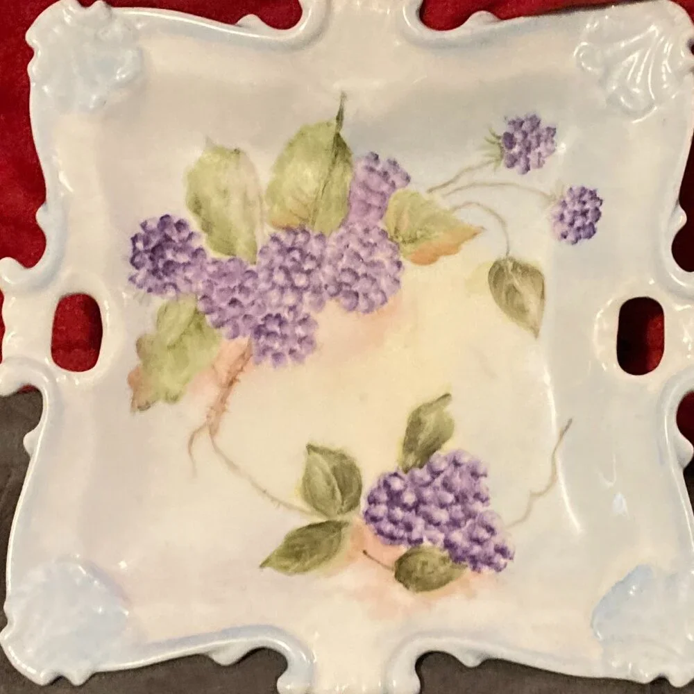 VTG 1977 Handpainted Square China Plate w/Handles-Signed-Purple Florals-8